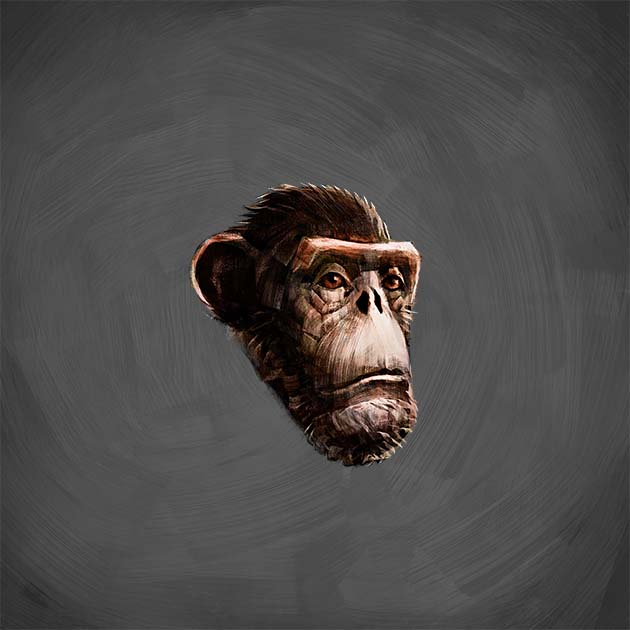 Painted portrait of an ape head on a grey ground