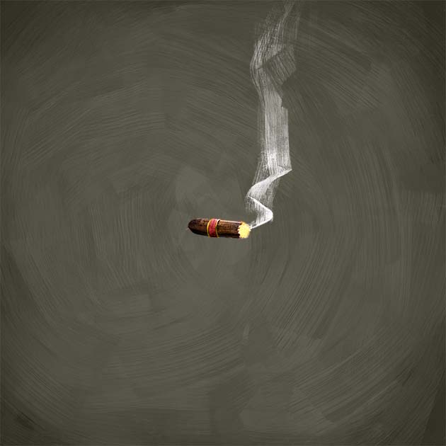 A lit cigar trailing smoke on a painted grey ground